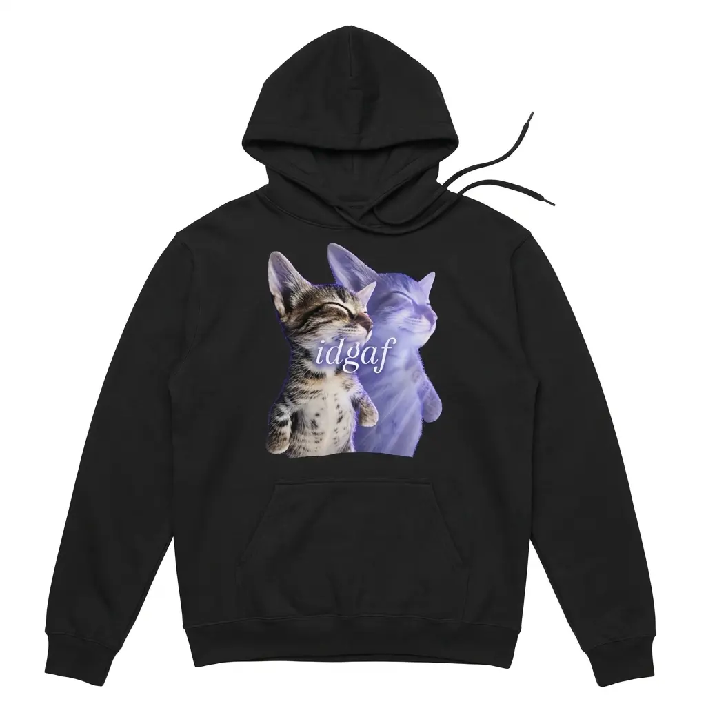 Cozy pullover hoodie displaying black tee front print reading idgaf over a tabby kitten with a glowing blue astral spirit floating out