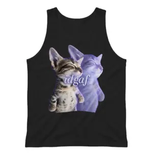 IDGAF Astral Projection Kitten Meme Funny Cat T-Shirt 8 Sleeveless casual tank top with black tee front print reading idgaf over a tabby kitten with a glowing blue astral spirit floating out