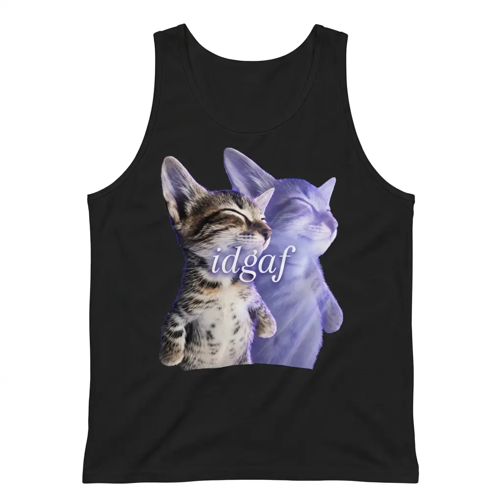 Sleeveless casual tank top with black tee front print reading idgaf over a tabby kitten with a glowing blue astral spirit floating out