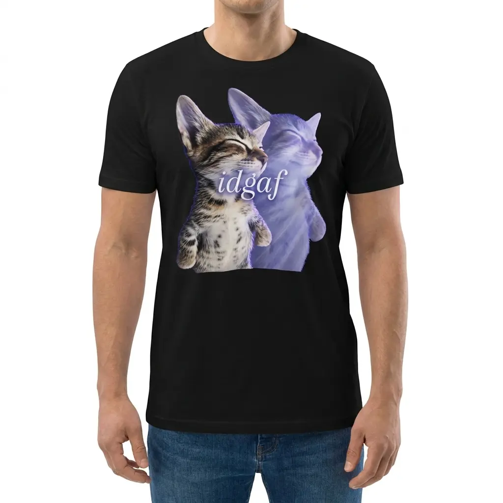 Man wearing black graphic tee with black tee front print reading idgaf over a tabby kitten with a glowing blue astral spirit floating out