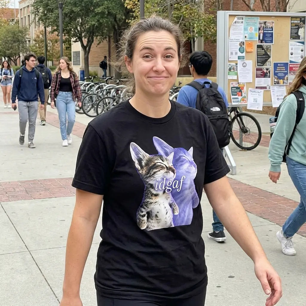 Everyday streetwear outfit styling black shirt with black tee front print reading idgaf over a tabby kitten with a glowing blue astral spirit floating out