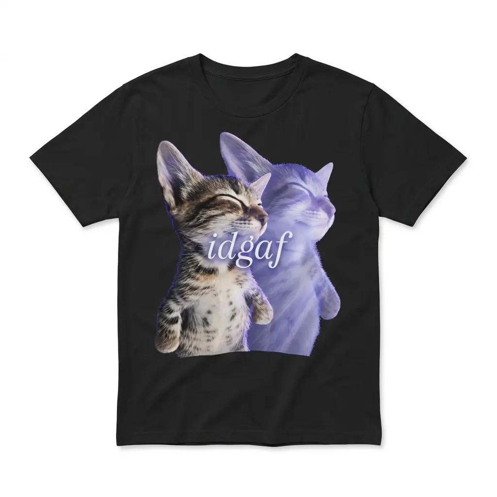 Flatlay black t-shirt featuring black tee front print reading idgaf over a tabby kitten with a glowing blue astral spirit floating out