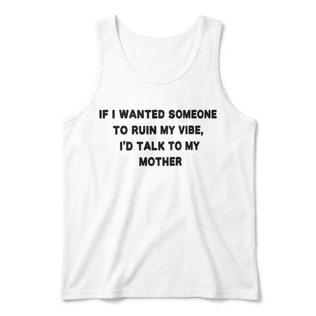 If I Wanted Someone to Ruin My Vibe Funny T-Shirt 3 Front flat lay of a tank top with 'IF I WANTED SOMEONE TO RUIN MY VIBE, I'D TALK TO MY MOTHER' printed on the front.