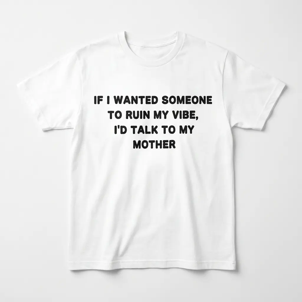 If I Wanted Someone to Ruin My Vibe Funny T-Shirt 1 Front flat lay of a t-shirt featuring 'IF I WANTED SOMEONE TO RUIN MY VIBE, I'D TALK TO MY MOTHER' in black text.