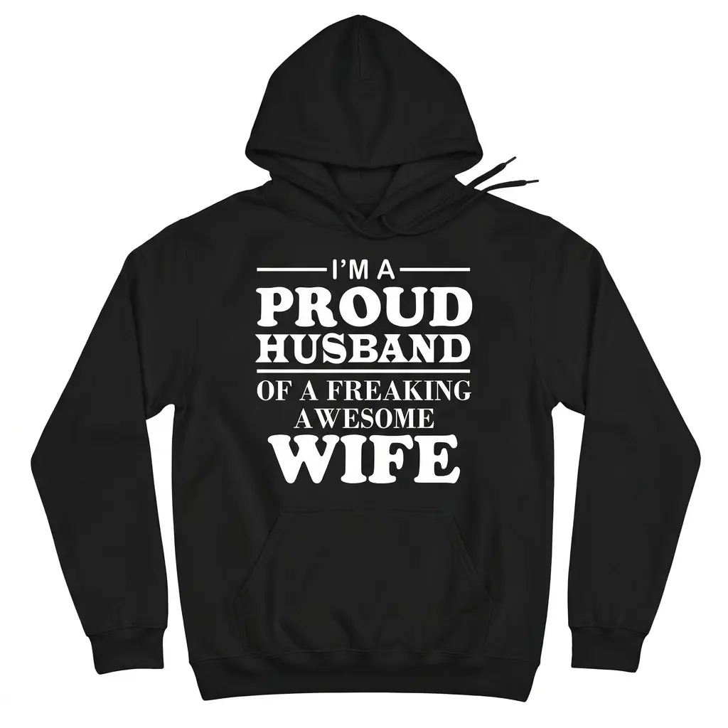 I'm A Proud Husband Of A Freaking Awesome Wife Black T-Shirt 2 Cozy pullover hoodie displaying black tee front print reading IM A PROUD HUSBAND OF A FREAKING AWESOME WIFE in bold white serif lettering