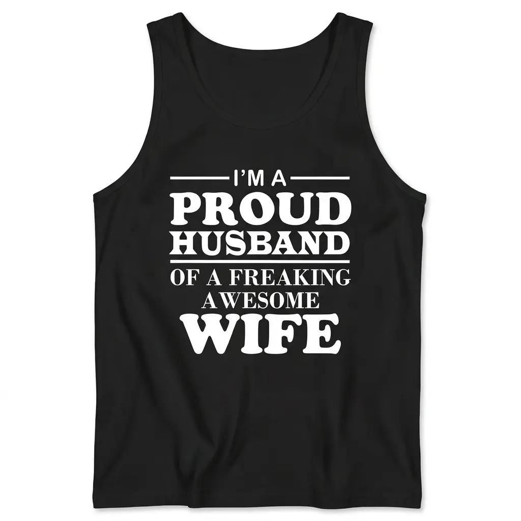 I'm A Proud Husband Of A Freaking Awesome Wife Black T-Shirt 3 Sleeveless casual tank top with black tee front print reading IM A PROUD HUSBAND OF A FREAKING AWESOME WIFE in bold white serif lettering