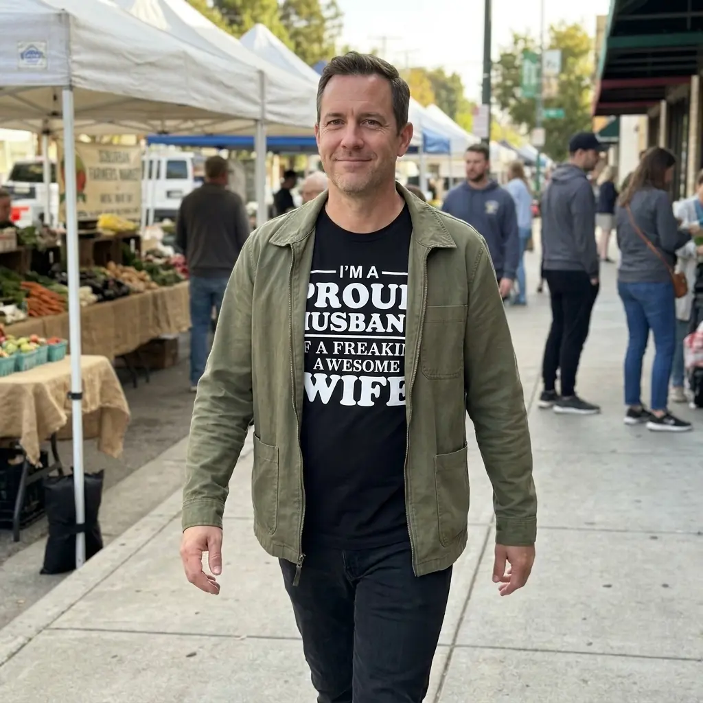 I'm A Proud Husband Of A Freaking Awesome Wife Black T-Shirt 6 Close-up casual look showcasing black tee and black tee front print reading IM A PROUD HUSBAND OF A FREAKING AWESOME WIFE in bold white serif lettering