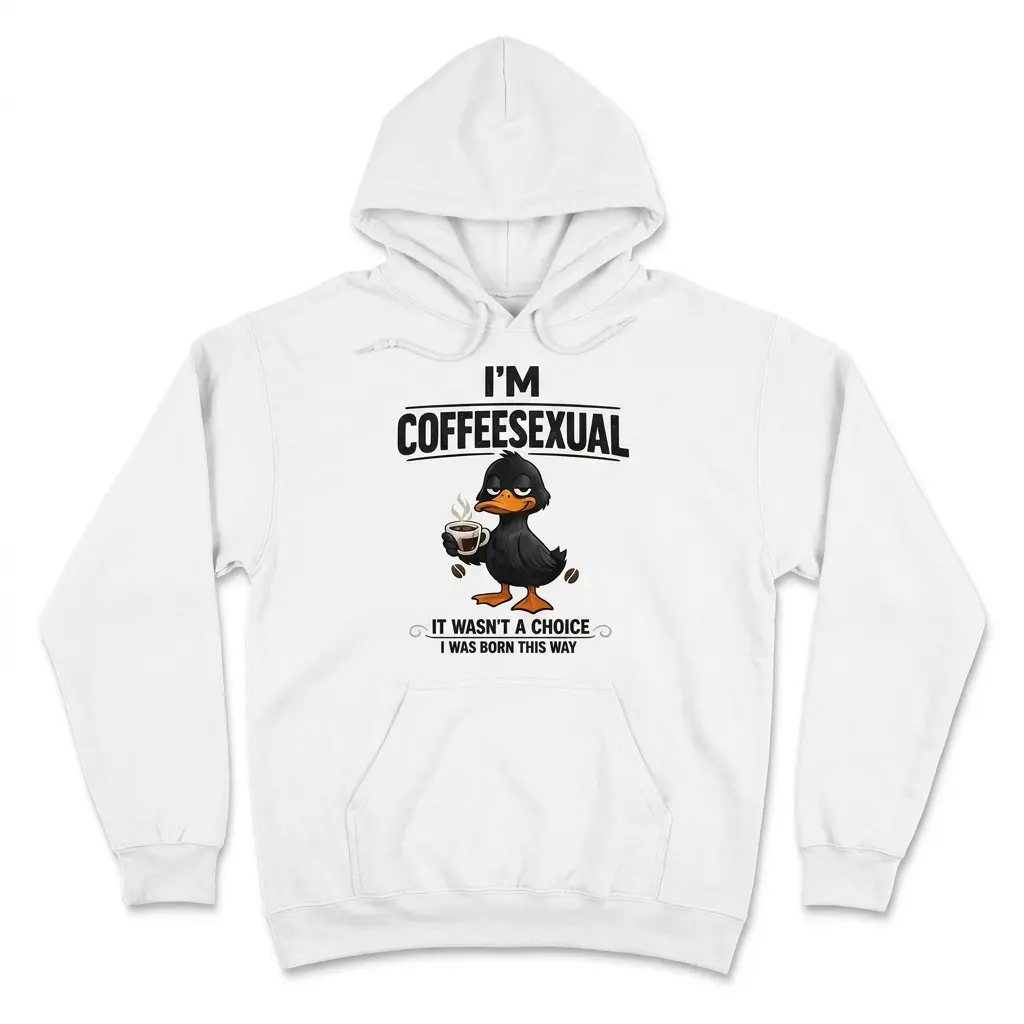 Front flat lay of a hoodie featuring the humorous I'm Coffeesexual duck design holding a steaming coffee cup.