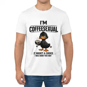 Im Coffeesexual Born This Way Funny Duck T-Shirt 9 A man standing facing forward wearing the I'm Coffeesexual funny duck t-shirt.