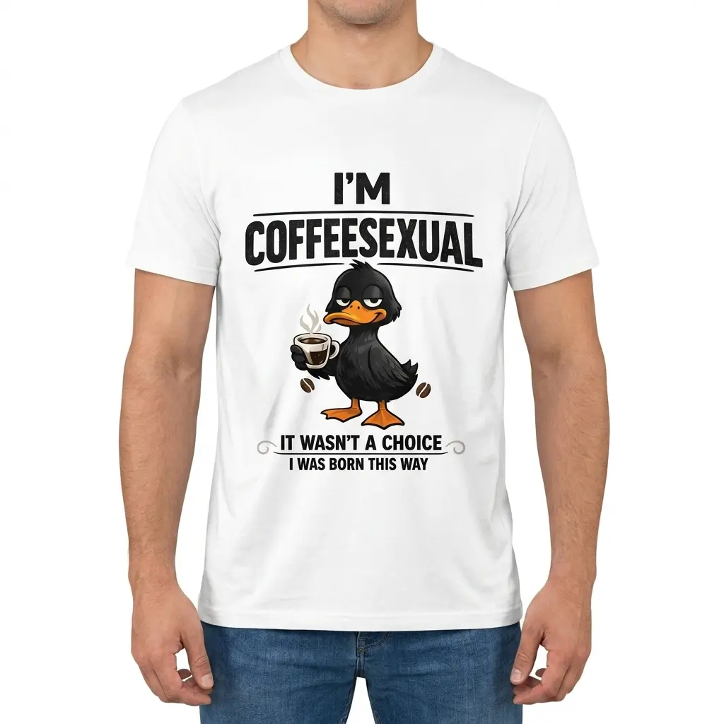 A man standing facing forward wearing the I'm Coffeesexual funny duck t-shirt.