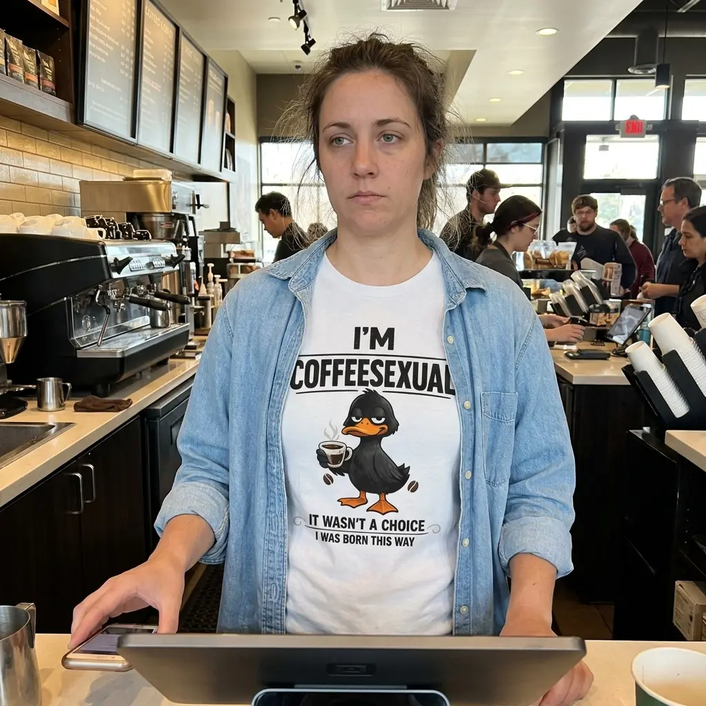 Lifestyle view showcasing the I'm Coffeesexual funny duck design on a casual everyday shirt.