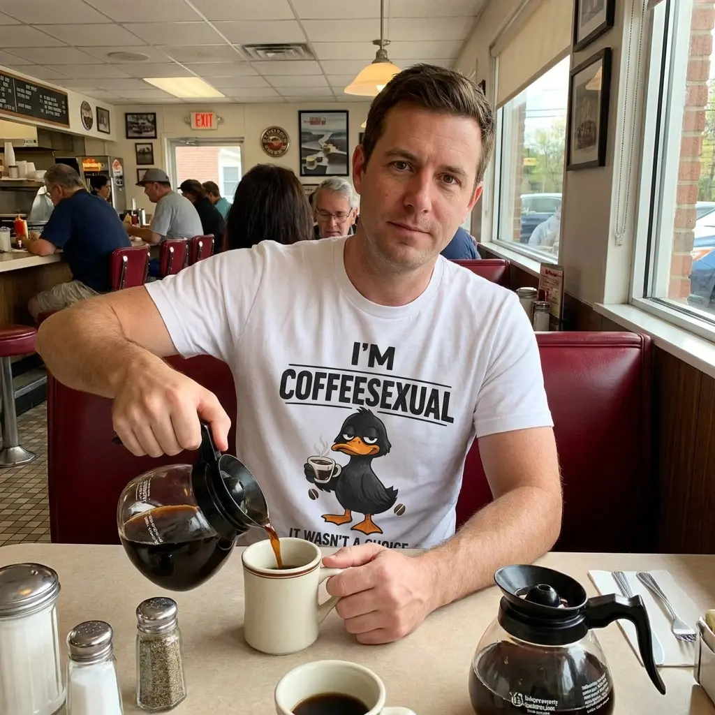 Casual lifestyle setting featuring the humorous Coffeesexual born this way duck graphic shirt.