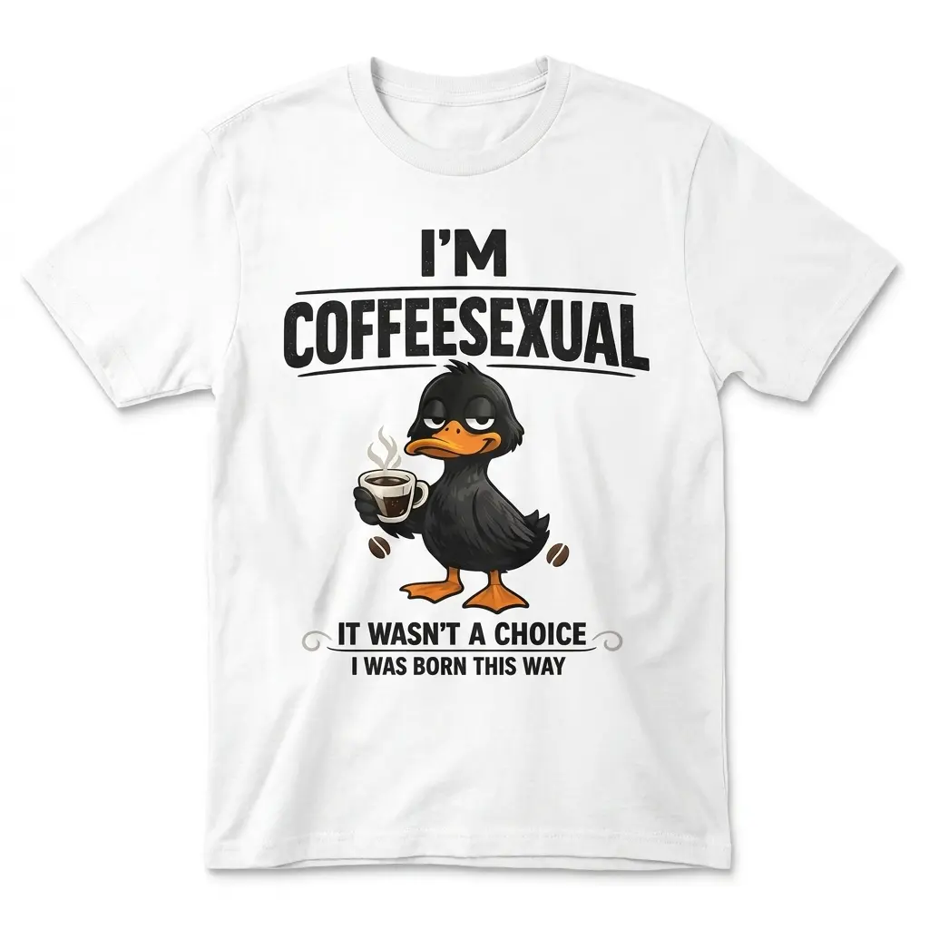 Front flat lay of a white t-shirt printed with a cartoon duck holding coffee and text reading I'm Coffeesexual.