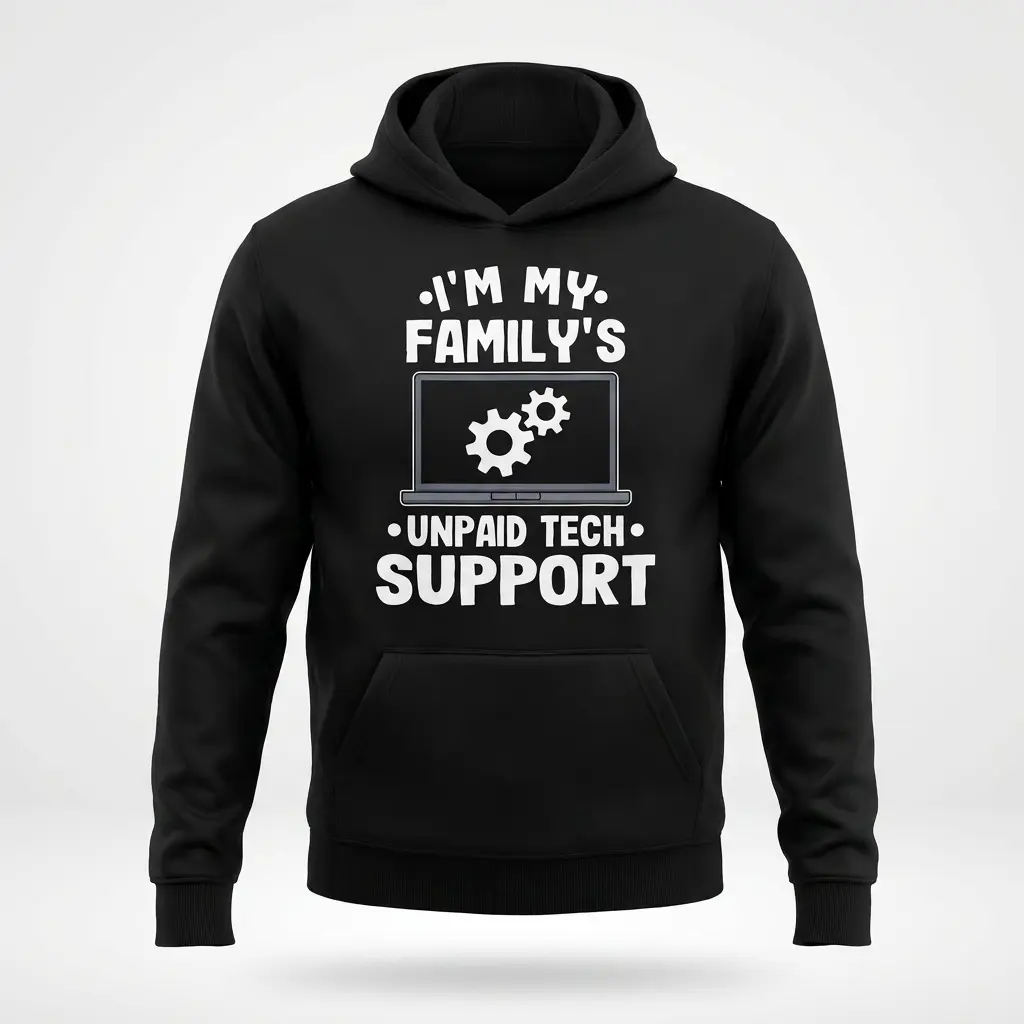 I'm My Family's Unpaid Tech Support Funny T-Shirt 2 Front flat lay of a hoodie featuring the I'm My Family's Unpaid Tech Support laptop design.