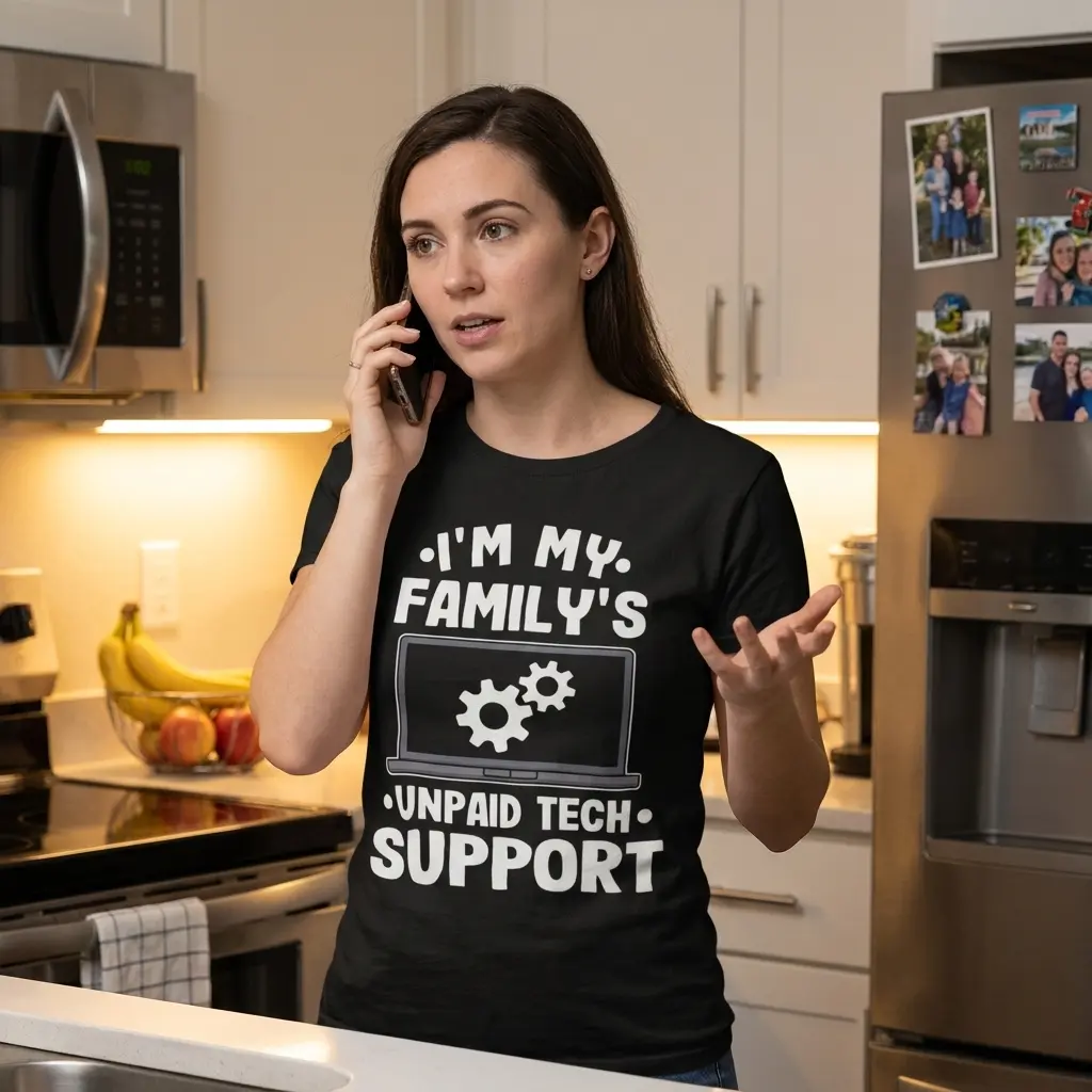 I'm My Family's Unpaid Tech Support Funny T-Shirt 6 Lifestyle setting showing the unpaid tech support shirt in everyday wear.