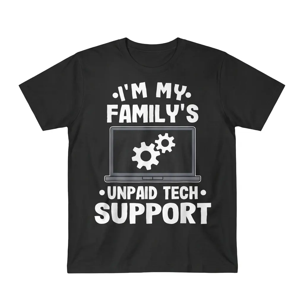I'm My Family's Unpaid Tech Support Funny T-Shirt 1 Flat lay of a black t-shirt printed with text reading I'm My Family's Unpaid Tech Support and a laptop graphic.