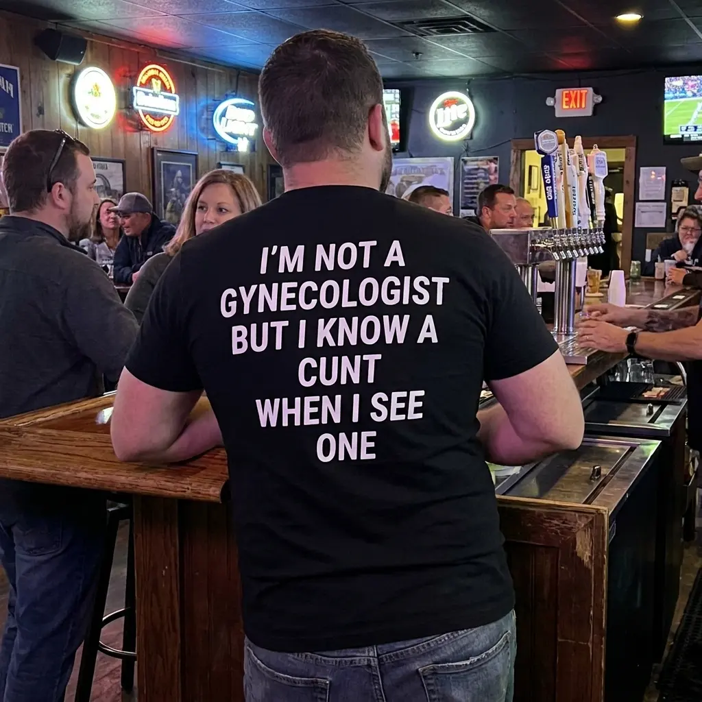 Everyday streetwear outfit styling black shirt with black tee back print reading IM NOT A GYNECOLOGIST BUT I KNOW A CUNT WHEN I SEE ONE in white block text