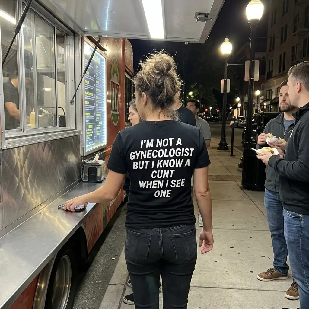 Close-up casual look showcasing black tee and black tee back print reading IM NOT A GYNECOLOGIST BUT I KNOW A CUNT WHEN I SEE ONE in white block text