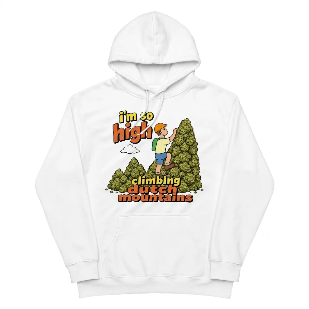 I'm So High Climbing Dutch Mountains Funny Pun T-Shirt 2 Cozy pullover hoodie displaying white tee front print reading i'm so high climbing dutch mountains with a cartoon hiker climbing green peaks