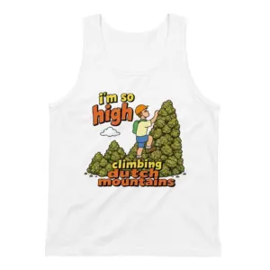 I'm So High Climbing Dutch Mountains Funny Pun T-Shirt 8 Sleeveless casual tank top with white tee front print reading i'm so high climbing dutch mountains with a cartoon hiker climbing green peaks
