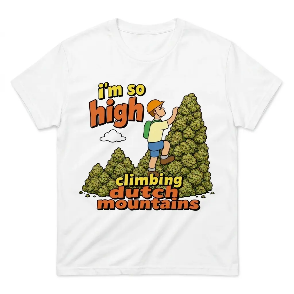 I'm So High Climbing Dutch Mountains Funny Pun T-Shirt 1 Flatlay white t-shirt featuring white tee front print reading i'm so high climbing dutch mountains with a cartoon hiker climbing green peaks