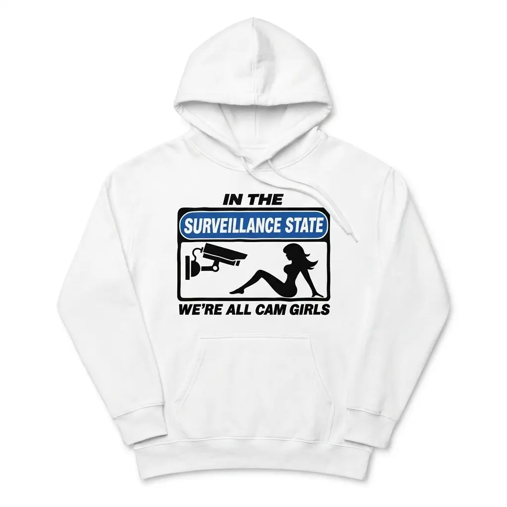 In The Surveillance State We're All Cam Girls Funny T-Shirt 2 Cozy pullover hoodie displaying white tee front print reading IN THE SURVEILLANCE STATE WERE ALL CAM GIRLS with a CCTV sign