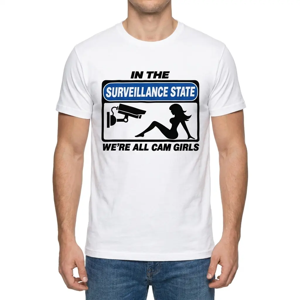 In The Surveillance State We're All Cam Girls Funny T-Shirt 4 Man wearing white graphic tee with white tee front print reading IN THE SURVEILLANCE STATE WERE ALL CAM GIRLS with a CCTV sign