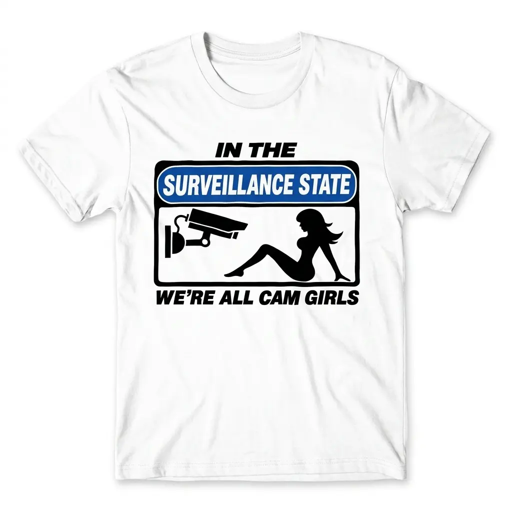 In The Surveillance State We're All Cam Girls Funny T-Shirt 1 Flatlay white t-shirt featuring white tee front print reading IN THE SURVEILLANCE STATE WERE ALL CAM GIRLS with a CCTV sign