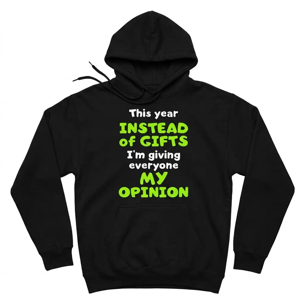 Front flat-lay hoodie featuring the slogan “This year INSTEAD of GIFTS I’m giving everyone MY OPINION”