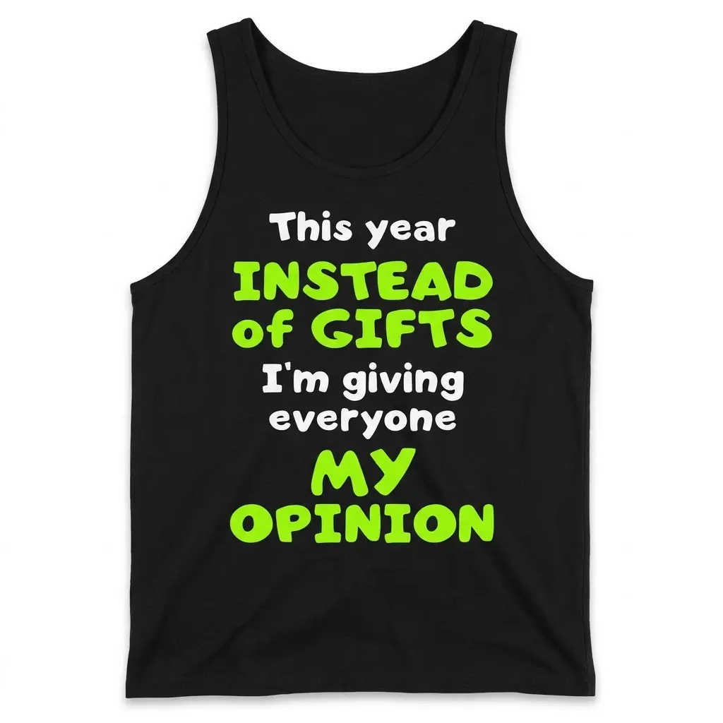 Front flat-lay tank top featuring the slogan “This year INSTEAD of GIFTS I’m giving everyone MY OPINION”