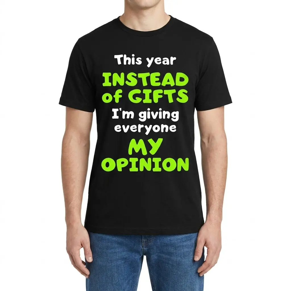 Man shown from the front wearing a Funny Opinion design reading “Instead of GIFTS... MY OPINION”