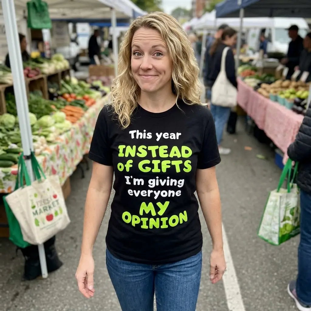 Funny Opinion T-Shirt featuring the message “This year INSTEAD of GIFTS I’m giving everyone MY OPINION” in a lifestyle view