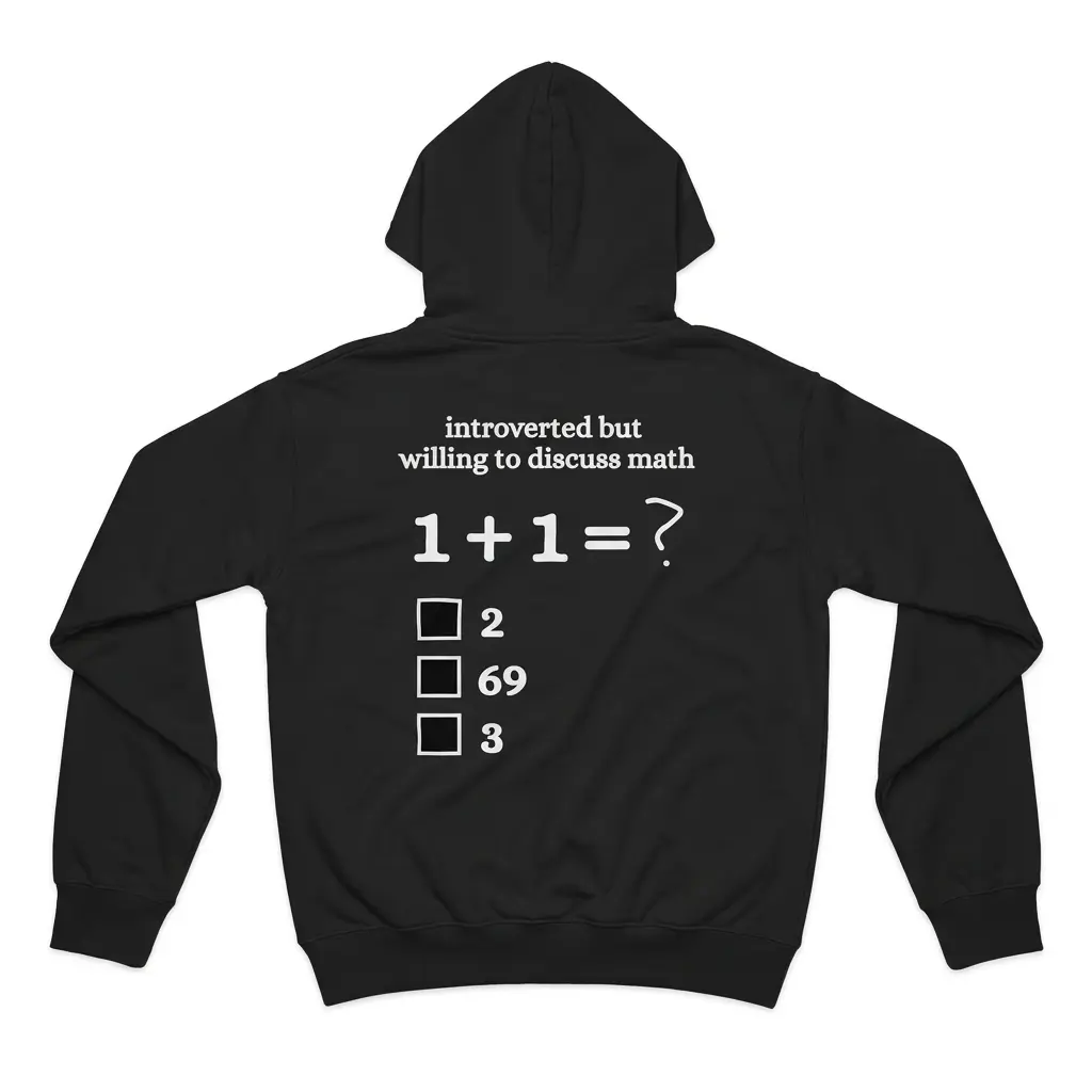 Introverted But Willing to Discuss Math 1+1 Funny T-Shirt 2 Cozy pullover hoodie displaying black tee back print reading introverted but willing to discuss math 1 + 1 = ? with checkboxes for 2, 69, and 3