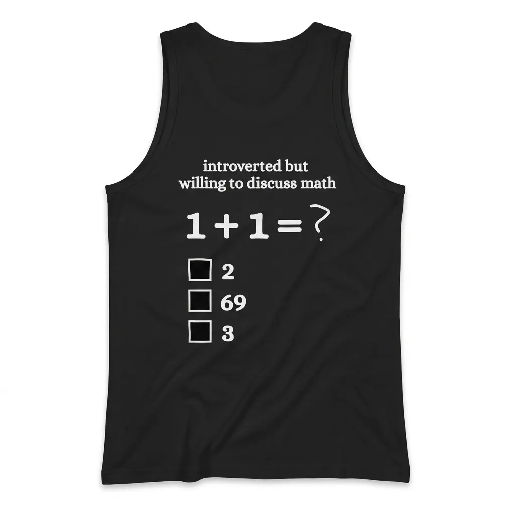 Introverted But Willing to Discuss Math 1+1 Funny T-Shirt 3 Sleeveless casual tank top with black tee back print reading introverted but willing to discuss math 1 + 1 = ? with checkboxes for 2, 69, and 3