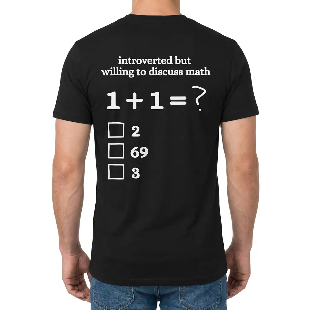 Introverted But Willing to Discuss Math 1+1 Funny T-Shirt 4 Man wearing black graphic tee with black tee back print reading introverted but willing to discuss math 1 + 1 = ? with checkboxes for 2, 69, and 3