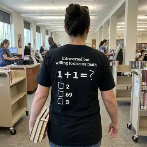 Introverted But Willing to Discuss Math 1+1 Funny T-Shirt 10 Everyday streetwear outfit styling black shirt with black tee back print reading introverted but willing to discuss math 1 + 1 = ? with checkboxes for 2,