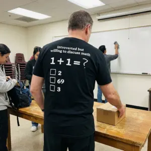 Introverted But Willing to Discuss Math 1+1 Funny T-Shirt 11 Close-up casual look showcasing black tee and black tee back print reading introverted but willing to discuss math 1 + 1 = ? with checkboxes for 2, 69, and 3