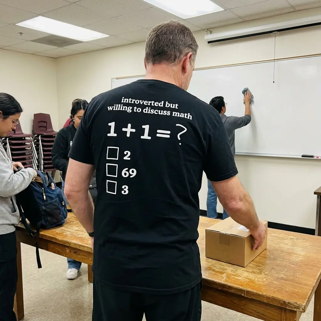 Introverted But Willing to Discuss Math 1+1 Funny T-Shirt 6 Close-up casual look showcasing black tee and black tee back print reading introverted but willing to discuss math 1 + 1 = ? with checkboxes for 2, 69, and 3