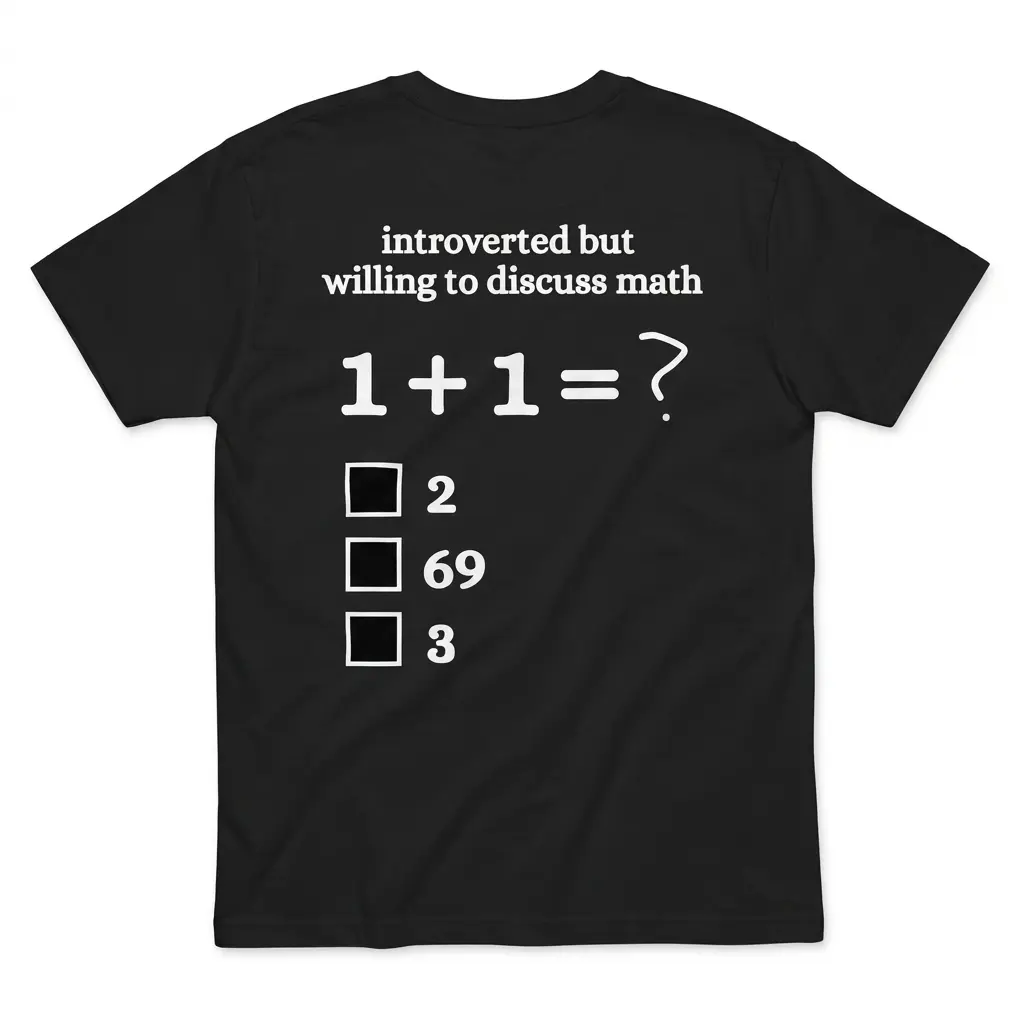 Introverted But Willing to Discuss Math 1+1 Funny T-Shirt 1 Flatlay black t-shirt featuring black tee back print reading introverted but willing to discuss math 1 + 1 = ? with checkboxes for 2, 69, and 3