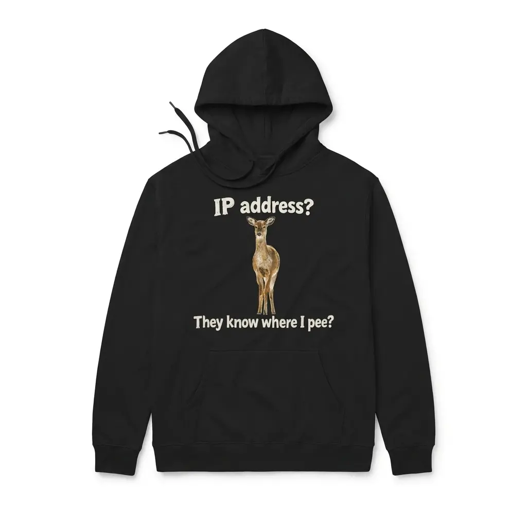 IP Address They Know Where I Pee Funny Deer Pun T-Shirt 2 Cozy pullover hoodie displaying black tee front print reading IP address They know where I pee with a standing brown deer