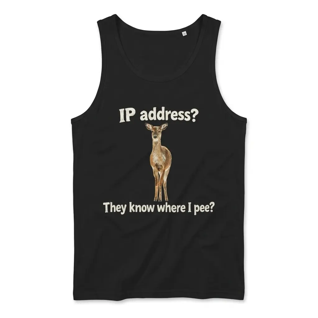 IP Address They Know Where I Pee Funny Deer Pun T-Shirt 3 Sleeveless casual tank top with black tee front print reading IP address They know where I pee with a standing brown deer