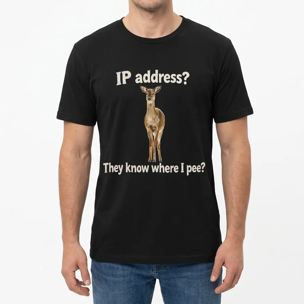 IP Address They Know Where I Pee Funny Deer Pun T-Shirt 4 Man wearing black graphic tee with black tee front print reading IP address They know where I pee with a standing brown deer