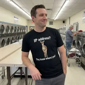 IP Address They Know Where I Pee Funny Deer Pun T-Shirt 10 Everyday streetwear outfit styling black shirt with black tee front print reading IP address They know where I pee with a standing brown deer