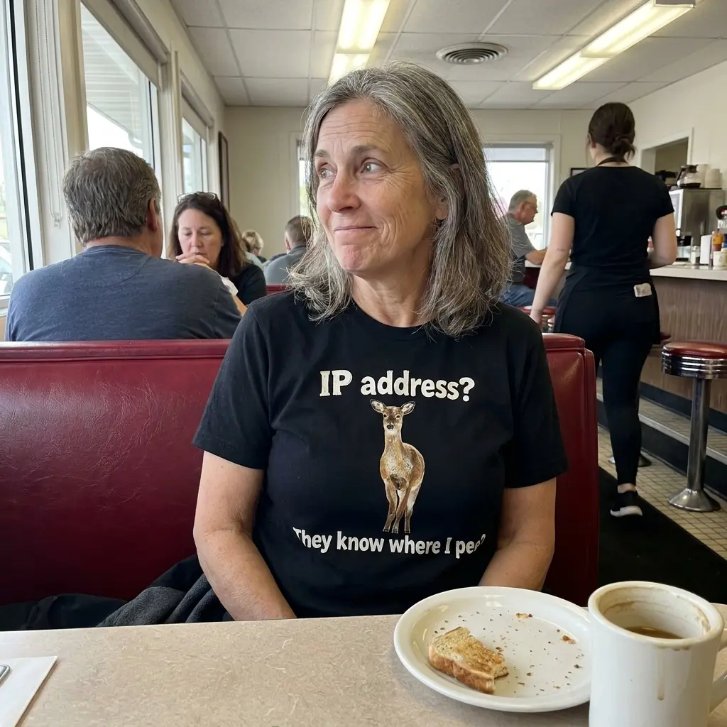 IP Address They Know Where I Pee Funny Deer Pun T-Shirt 6 Close-up casual look showcasing black tee and black tee front print reading IP address They know where I pee with a standing brown deer