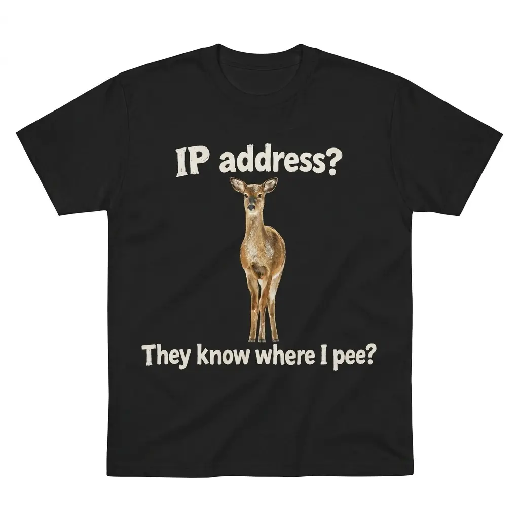 IP Address They Know Where I Pee Funny Deer Pun T-Shirt 1 Flatlay black t-shirt featuring black tee front print reading IP address They know where I pee with a standing brown deer