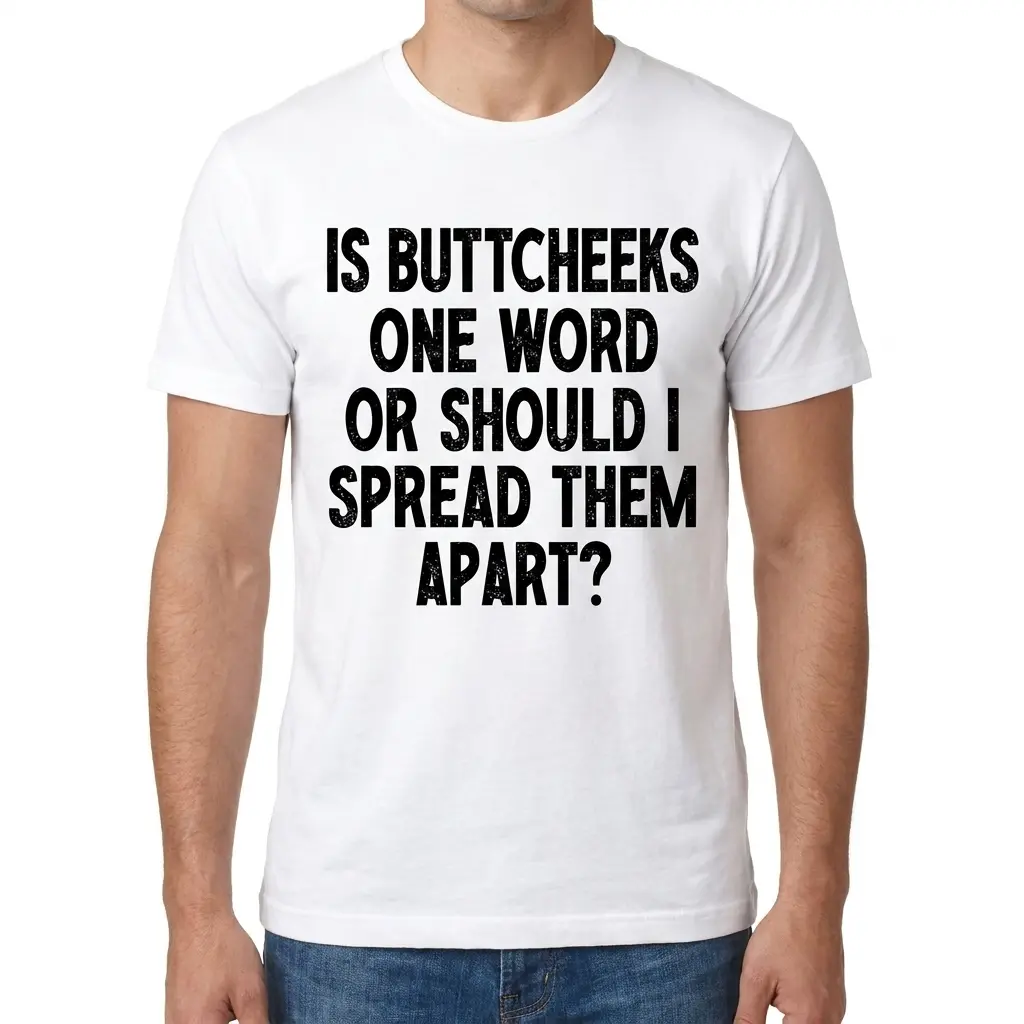 Is Buttcheeks One Word Funny Sarcastic T-Shirt 4 Front view of a male model wearing the funny 'Is Buttcheeks One Word Or Should I Spread Them Apart?' graphic t-shirt.