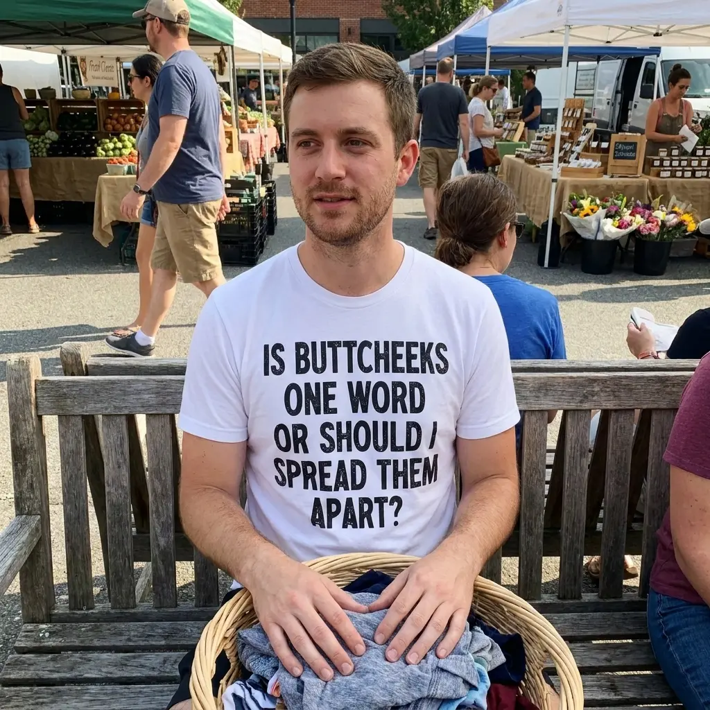 Is Buttcheeks One Word Funny Sarcastic T-Shirt 5 Lifestyle presentation of the funny sarcastic shirt featuring the bold text 'Is Buttcheeks One Word Or Should I Spread Them Apart?'.