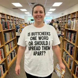 Is Buttcheeks One Word Funny Sarcastic T-Shirt 11 Casual lifestyle setting showcasing the humorous 'Is Buttcheeks One Word Or Should I Spread Them Apart?' apparel design.