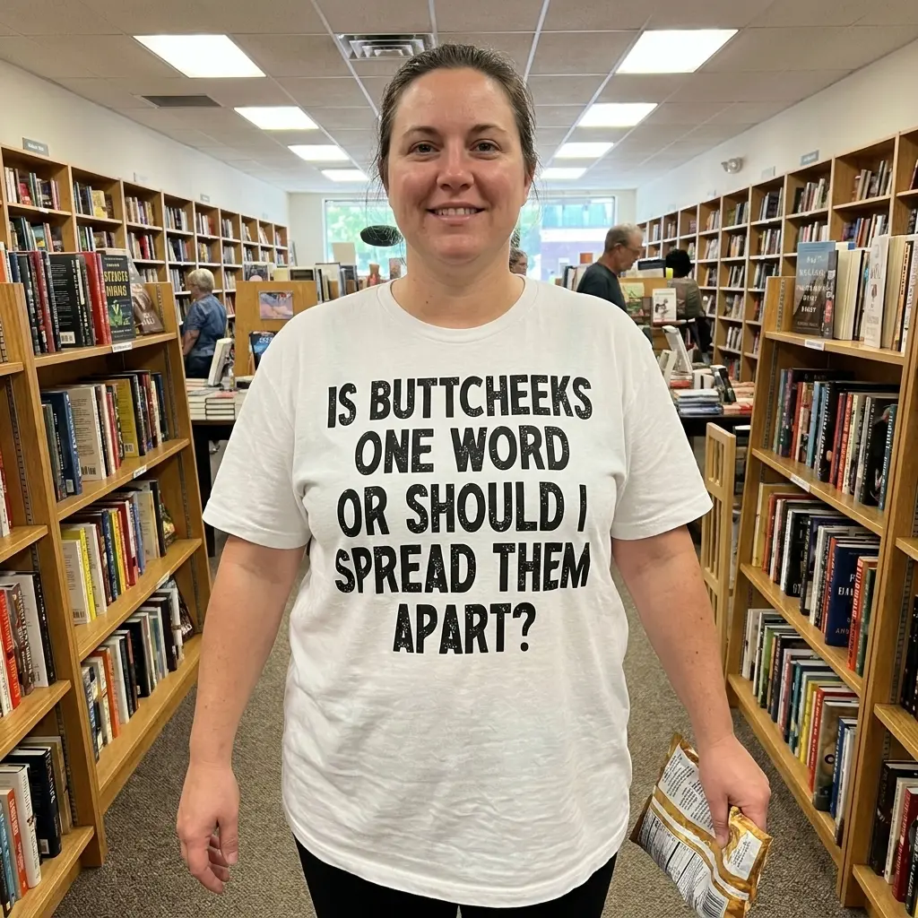 Is Buttcheeks One Word Funny Sarcastic T-Shirt 6 Casual lifestyle setting showcasing the humorous 'Is Buttcheeks One Word Or Should I Spread Them Apart?' apparel design.