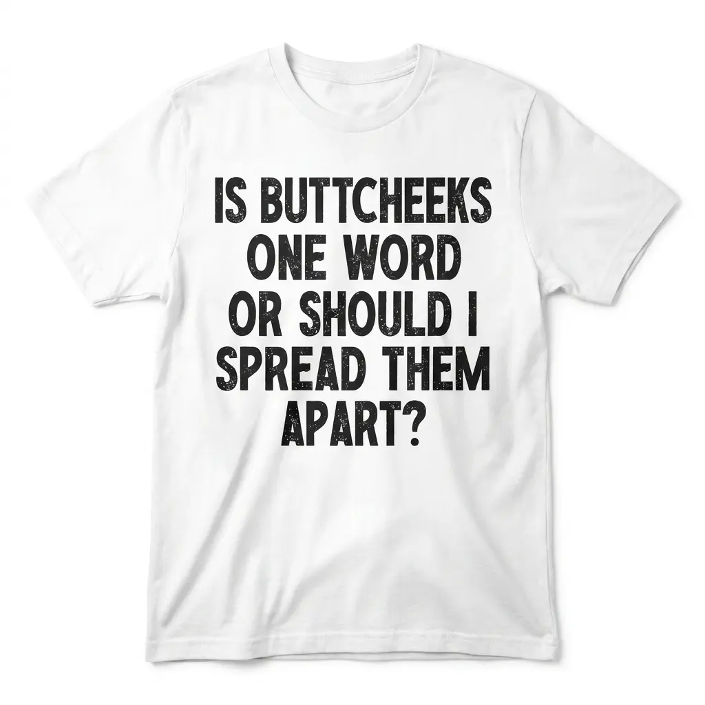 Is Buttcheeks One Word Funny Sarcastic T-Shirt 1 Flat lay of a white t-shirt featuring the humorous quote 'Is Buttcheeks One Word Or Should I Spread Them Apart?' printed in bold black text.